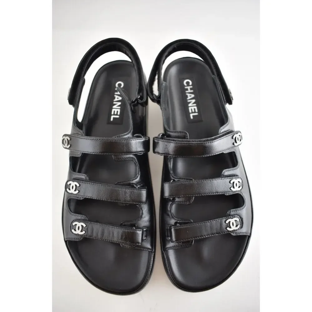 Chanel 24S Black Leather Triple Strap CC Logo Mule Slide Teva Dad Sandal Flat 41